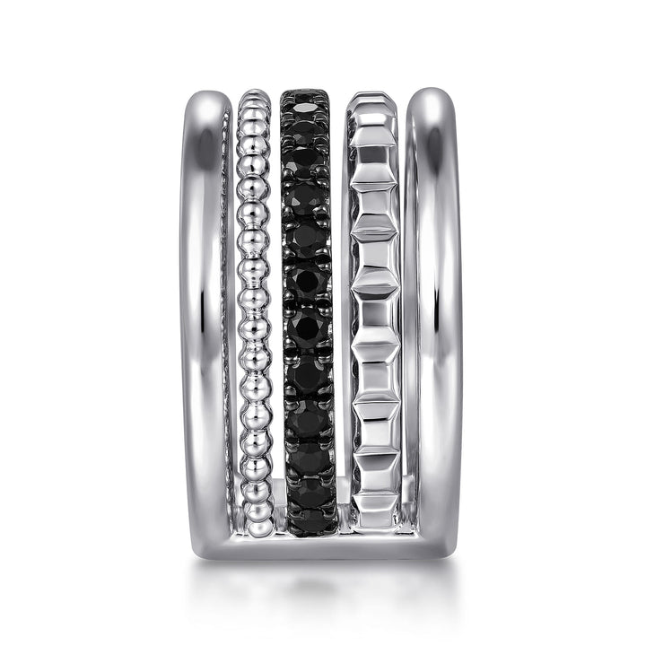 Sterling Silver Black Spinel Pyramid Multi Row Stackable Ring