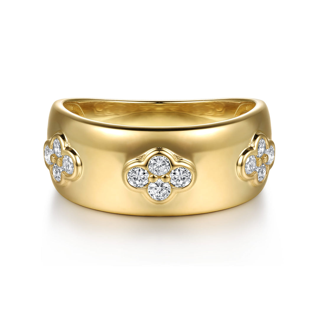 Contemporary 14K Yellow Gold Clover Station Wide Ring