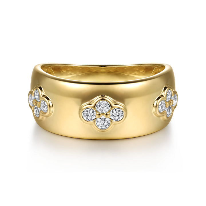 Contemporary 14K Yellow Gold Clover Station Wide Ring