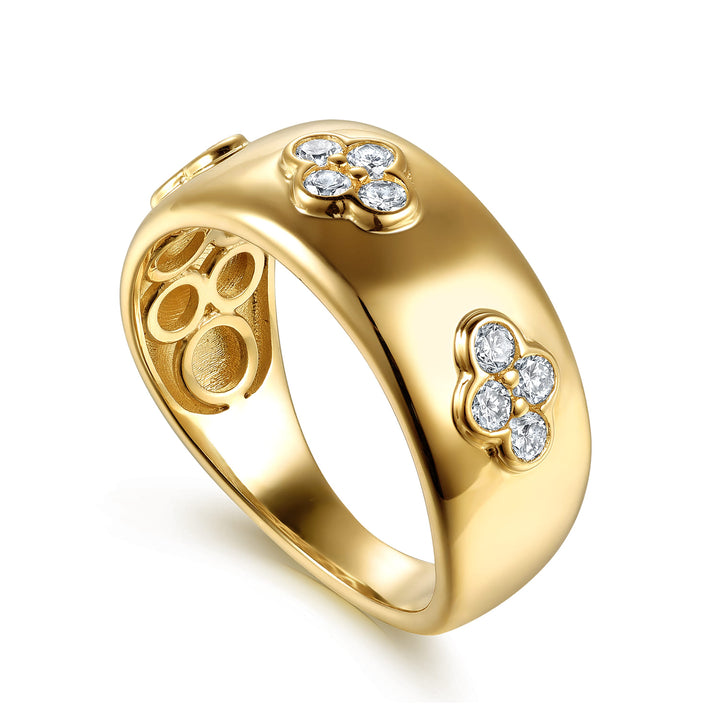 Contemporary 14K Yellow Gold Clover Station Wide Ring