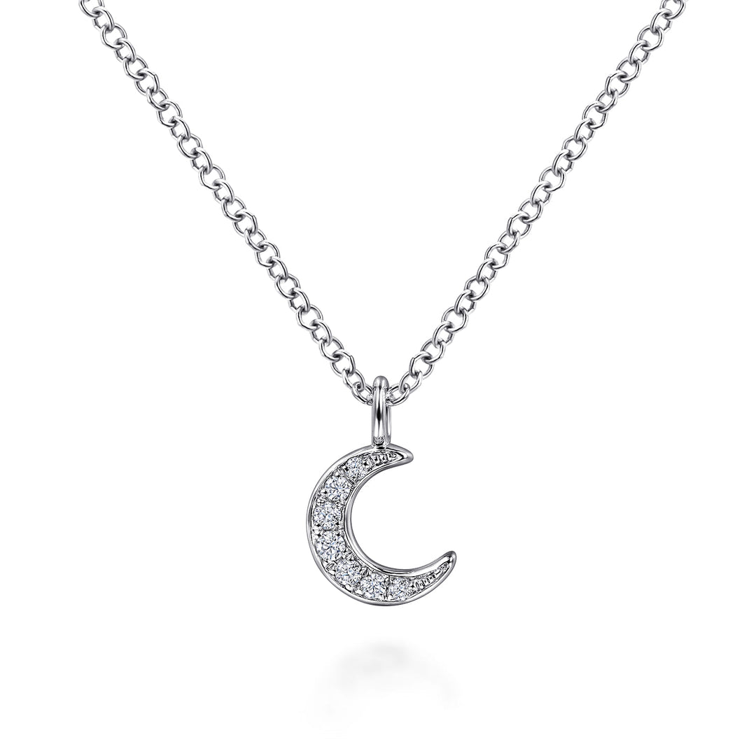 14K White Gold Pavé Moon Pendant Necklace