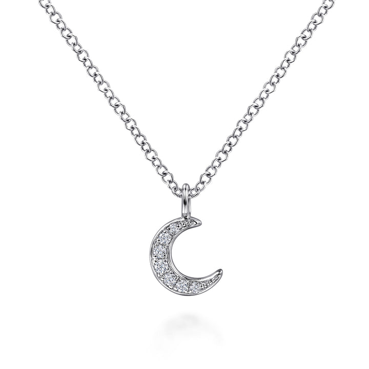 14K White Gold Pavé Moon Pendant Necklace