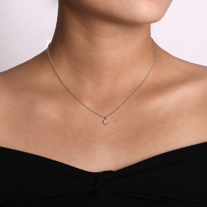 14K White Gold Pavé Moon Pendant Necklace
