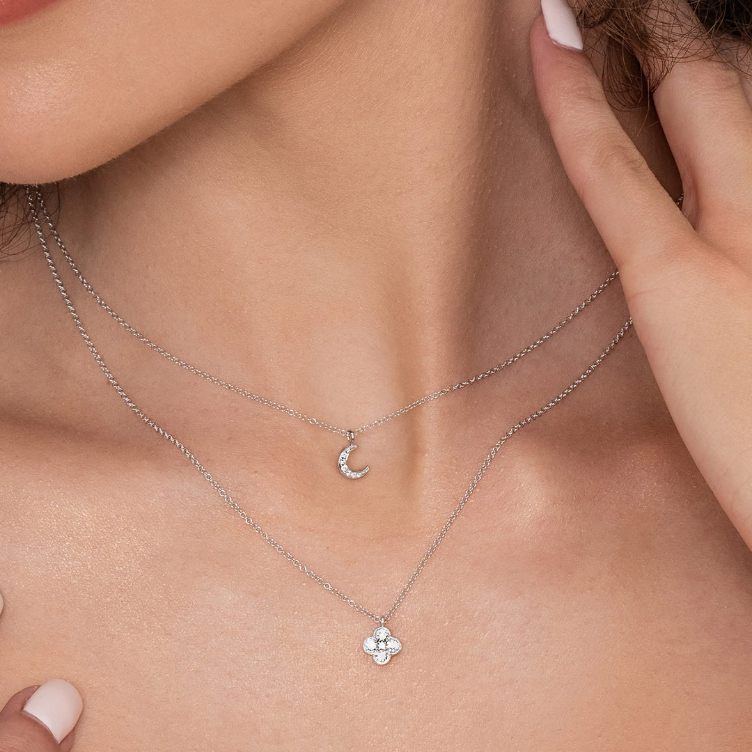 14K White Gold Pavé Moon Pendant Necklace