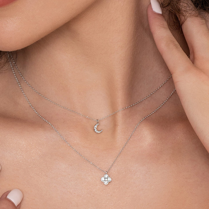 14K White Gold Pavé Moon Pendant Necklace