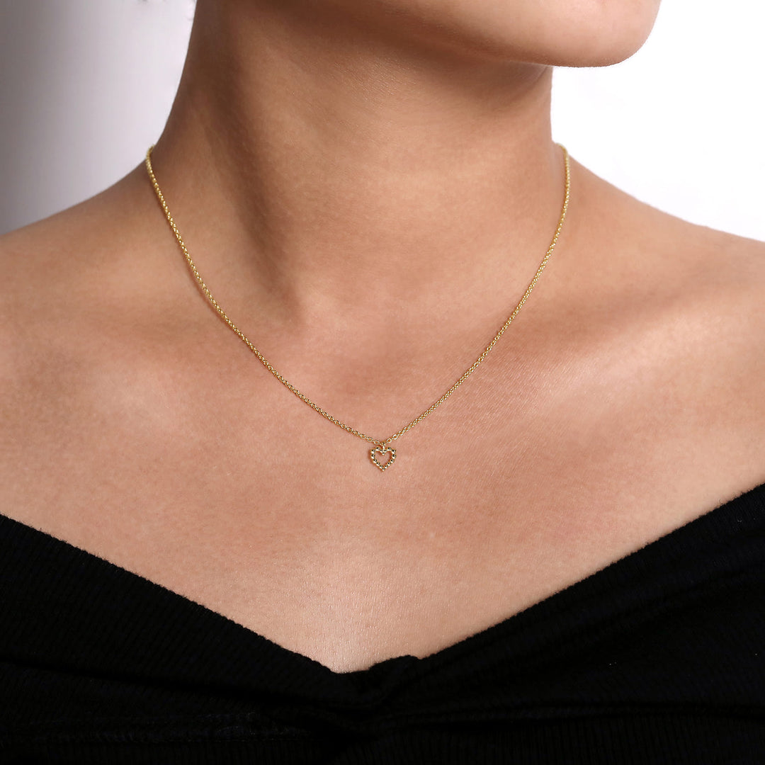 Bujukan 14K Yellow Gold Beaded Open Heart Pendant Necklace
