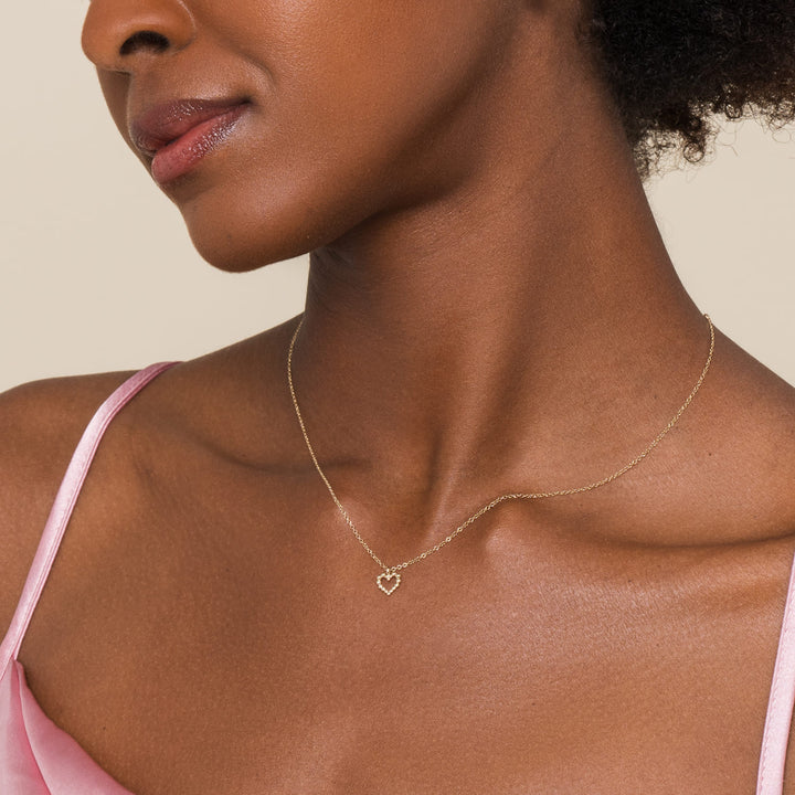 Bujukan 14K Yellow Gold Beaded Open Heart Pendant Necklace