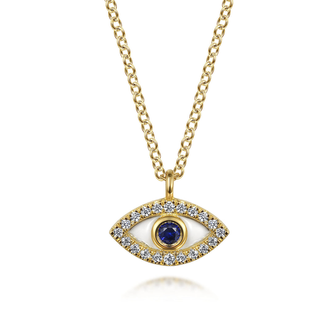 14K Yellow Gold Sapphire Evil Eye Pendant Necklace