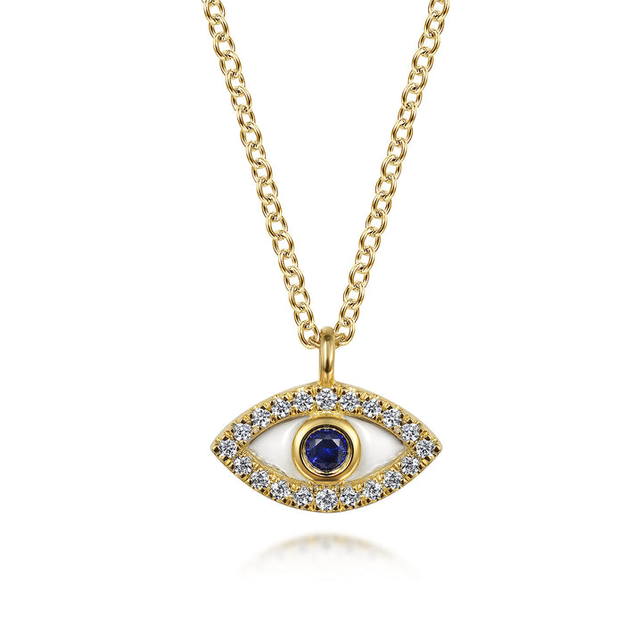 14K Yellow Gold Sapphire Evil Eye Pendant Necklace