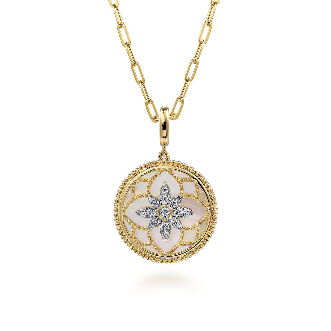 14K Yellow Gold Mother of Pearl Medallion Necklace