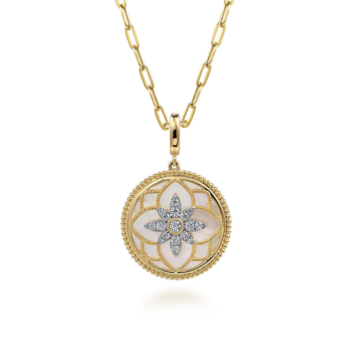 14K Yellow Gold Mother of Pearl Medallion Necklace