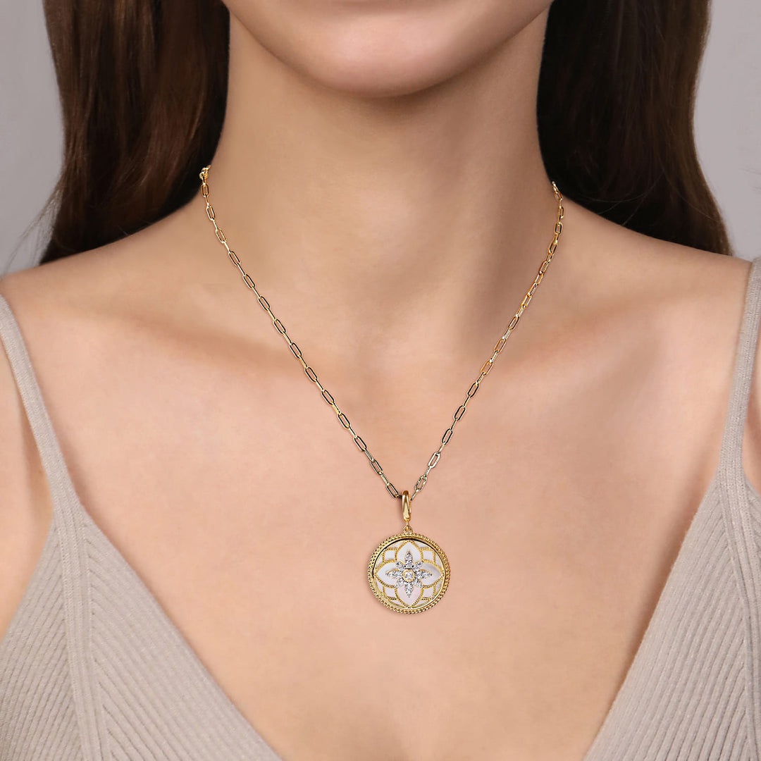 14K Yellow Gold Mother of Pearl Medallion Necklace