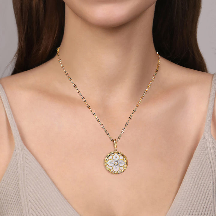 14K Yellow Gold Mother of Pearl Medallion Necklace