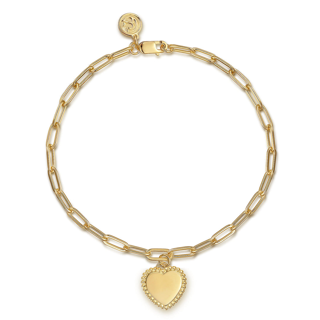 14K Yellow Gold Heart Charm Paperclip Bracelet