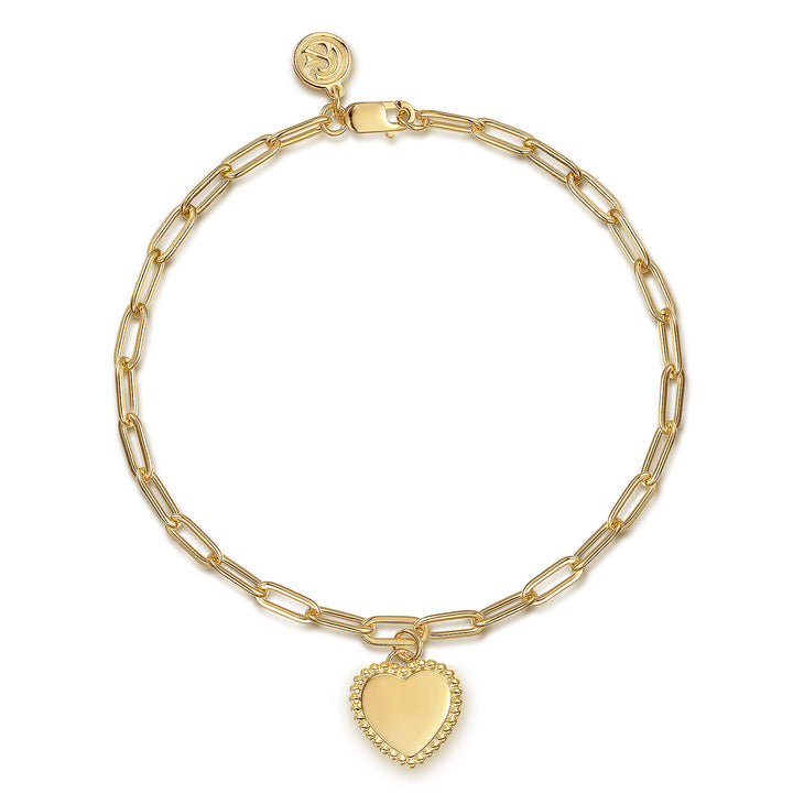 14K Yellow Gold Heart Charm Paperclip Bracelet