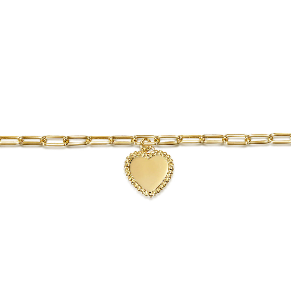 14K Yellow Gold Heart Charm Paperclip Bracelet