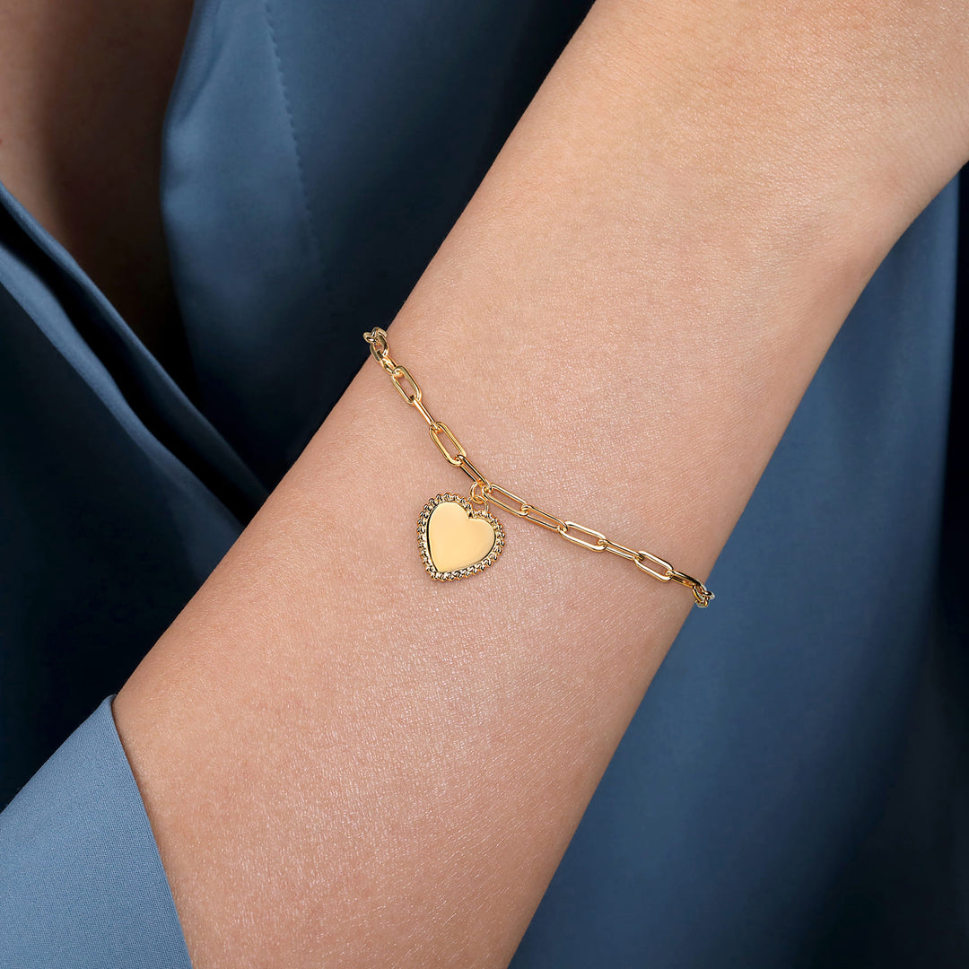 14K Yellow Gold Heart Charm Paperclip Bracelet