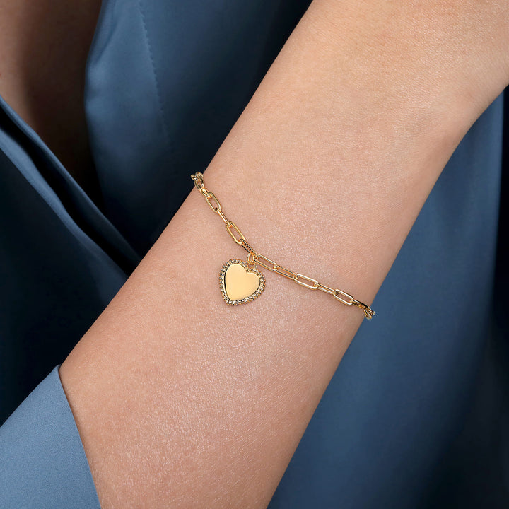 14K Yellow Gold Heart Charm Paperclip Bracelet