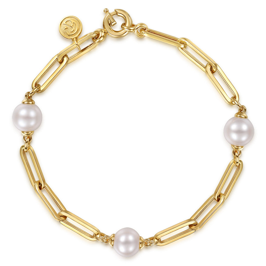 14K Yellow Gold Pearl Station Hollow Link Bracelet
