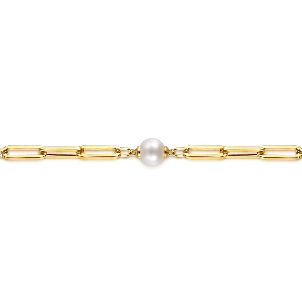 14K Yellow Gold Pearl Station Hollow Link Bracelet