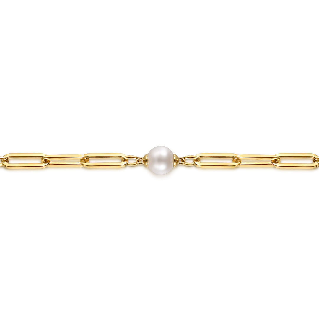 14K Yellow Gold Pearl Station Hollow Link Bracelet