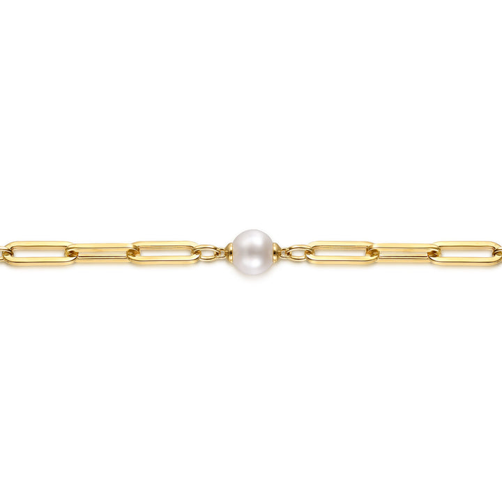 14K Yellow Gold Pearl Station Hollow Link Bracelet