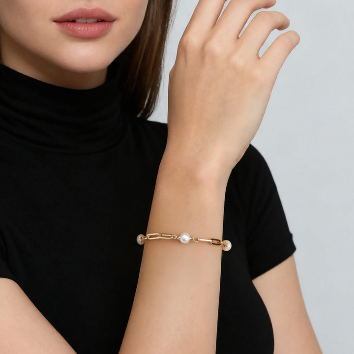 14K Yellow Gold Pearl Station Hollow Link Bracelet
